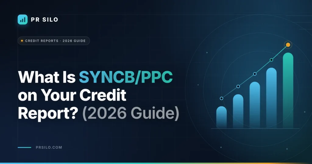 PR Silo guide graphic: What Is SYNCB/PPC on Your Credit Report? 2026 Guide, with a rising bar chart