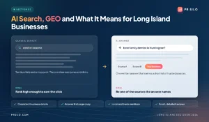 Classic search results compared with an AI search answer that cites a Long Island business, with four GEO optimization steps.