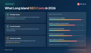 Long Island SEO pricing models in 2026, retainer, project and hourly, with the five factors that affect monthly SEO cost.