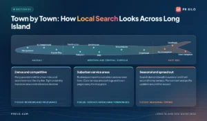 Long Island local search by zone, showing towns in Nassau, Western and Central Suffolk and the East End with the SEO focus for each.
