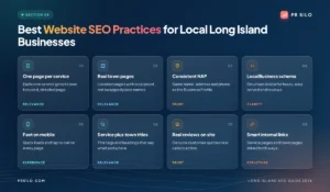 Eight website SEO best practices for local Long Island businesses, including town pages, schema, NAP consistency and mobile speed.