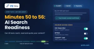 DIY SEO audit minutes 50 to 56: AI search readiness check with ChatGPT, Gemini and Perplexity brand test and AI crawler access toggles
