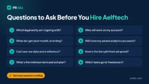 Eight questions to ask before hiring Aelftech, covering the legal entity, account ownership, fees, contract term and freelancers