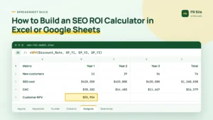 SEO ROI calculator spreadsheet in Excel showing NPV formula, CAC by year and model tabs from inputs to scenarios
