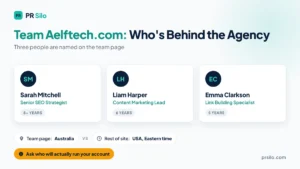 Team Aelftech.com members Sarah Mitchell, Liam Harper and Emma Clarkson with their roles, and the Australia vs USA location mismatch